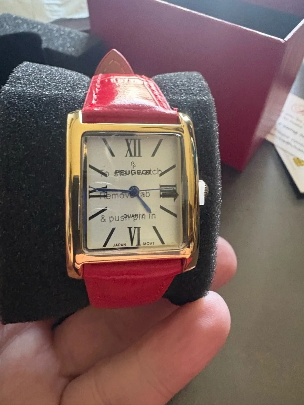 Peugeot Gold-Tone Square Watch with Red Strap
